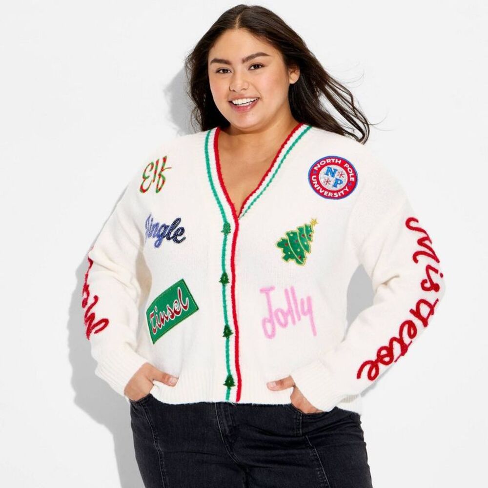 Women's Holiday Patchwork Festive Graphic Cardigan - Cream 3X